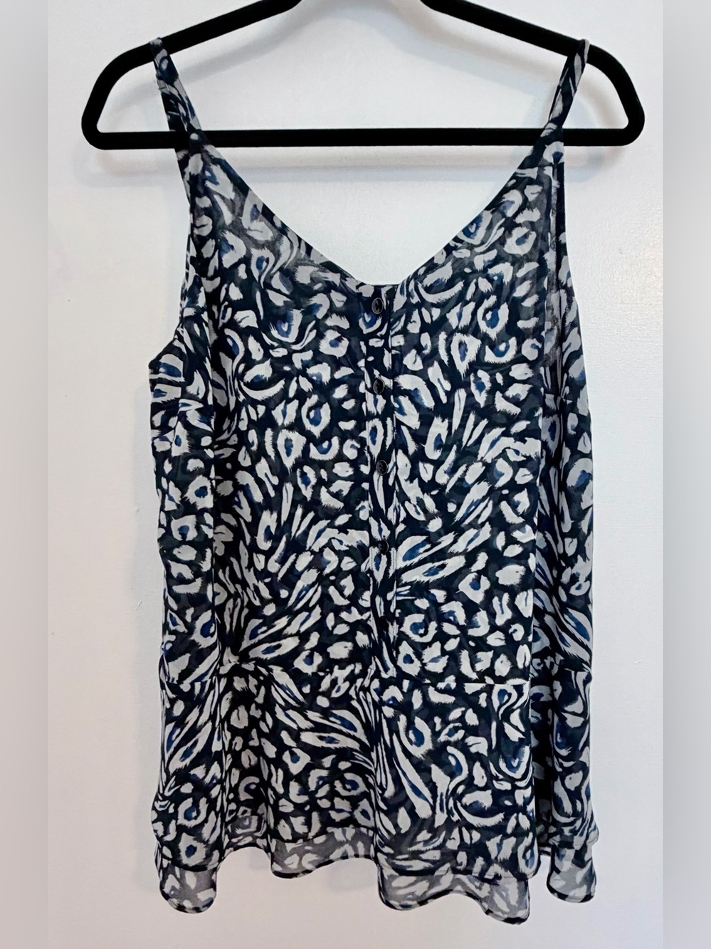 CAbi Navy and White Printed Silk-Blend Spaghetti Strap Tank